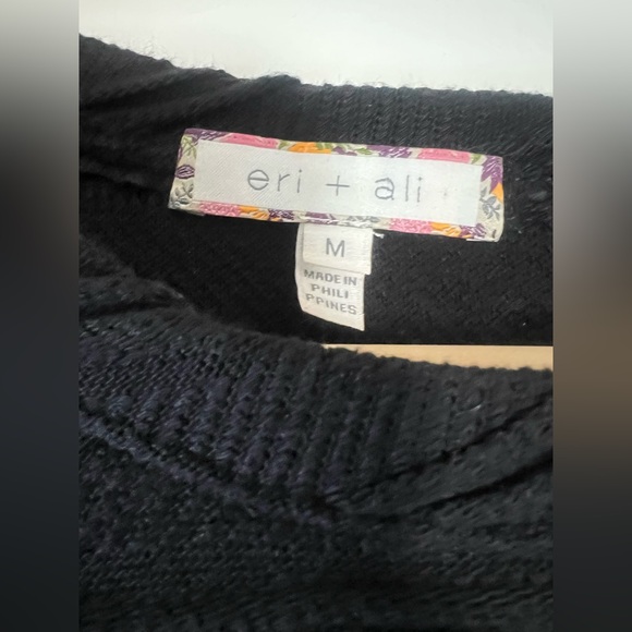 Anthropologie Eri + Ali Chelsea Knit Top Lace Balloon Sleeves Solid Black Medium - Picture 6 of 9